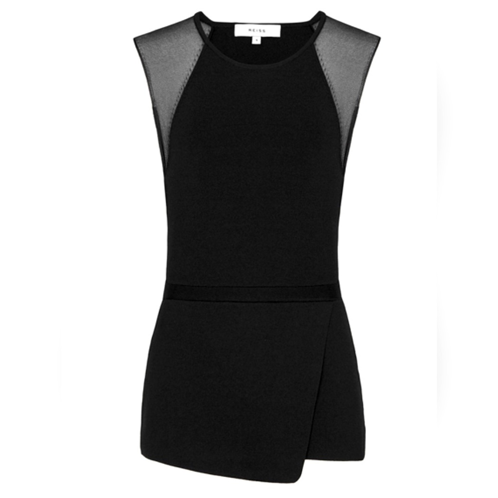 Reiss “Anabel” Sheer Detail Sleeveless Asymmetrical Peplum Waist Top In Black S